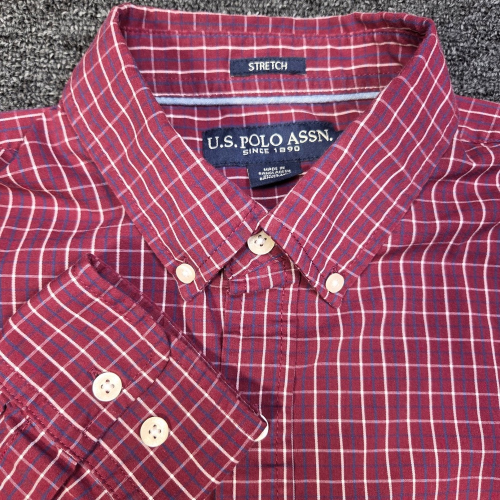US Polo Assn Button Down Shirt Mens M Burgundy Grid Stretch Classic Preppy